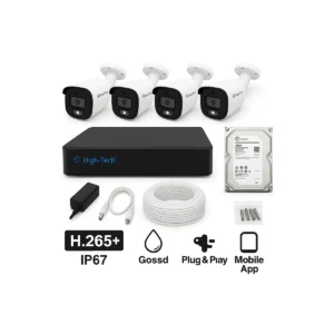 High Tech 4-Channel 2MP CCTV Kit – 4 Bullet Cameras + XVR HT4004 + 500GB HDD | H.265+ | IP67 | Mobile App | Plug & Play – Full HD Security System Pakistan