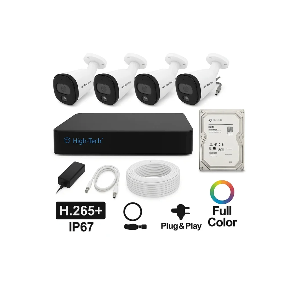 High-Tech 4-Channel Full Color View 2MP CCTV Kit – 4 Bullet Cameras + XVR HT4004 + 500GB HDD | H.265+ | IP67 | Mobile App | Plug & Play – Full HD Security System